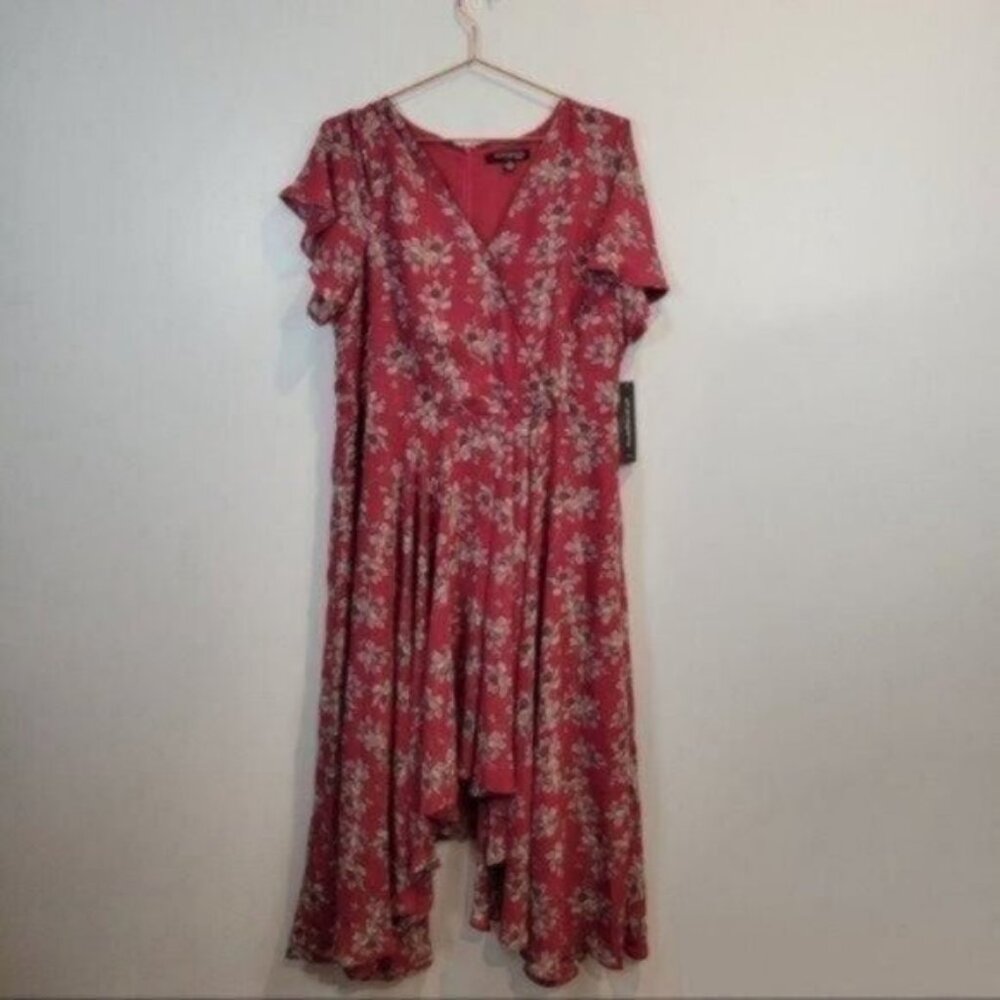 Sharagano Floral Faux Wrap Midi Dress Pink Plus NWT - Picture 3 of 14